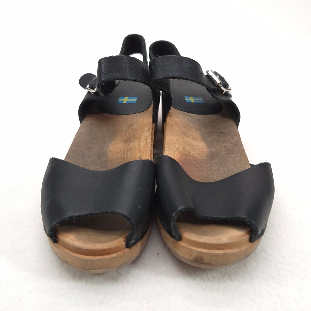 Swedish Hasbeens Clog Sandals Black 38 Retro Boho Wood Platform Peep Toe Heels - Picture 10 of 11